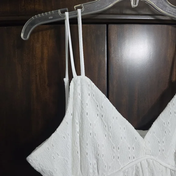 All White Mini Spaghetti Strap Dress Eyelets Ruffles Lined, XL - Picture 7 of 11
